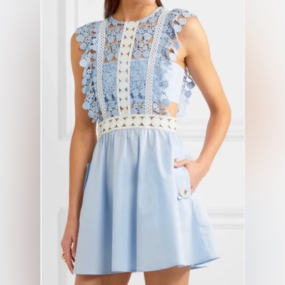 SELF PORTRAIT Floral Vine Mini Dress in Baby Blue / Size 2 / - Picture 1 of 13